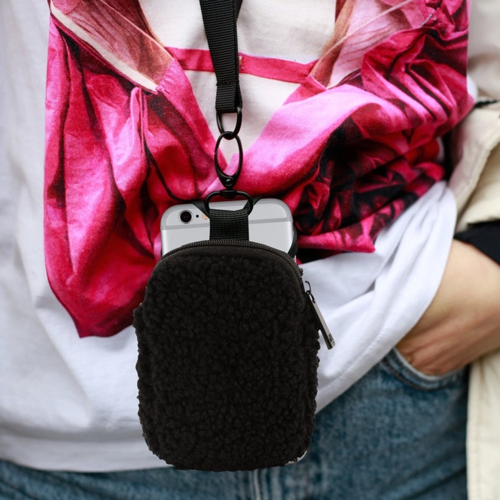 Black Smartphone Holder Faux Fur Teddy Zipper Pouch